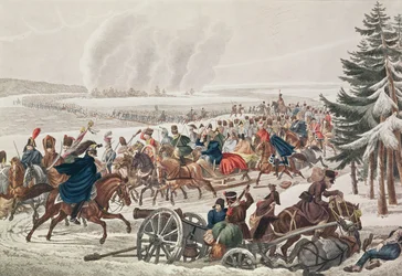 Den franska arméns reträtt över floden Berezina, 26 november 1812, graverad av J.A. Klein