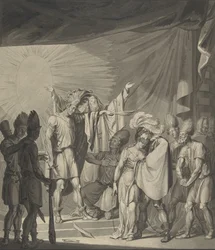 Solkungen smörjer ett bundet par, från August von Kotzebues Die Sonnenjungfrau, 1800-talet.