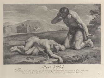 Adam knäböjer i sorg bredvid Abels kropp, medan Kain flyr i bakgrunden, ca. ..., ca. 1729.