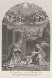 Jungfru Maria avgudar Kristusbarnet, en ängel som håller en törnekrona till höger,..., ca. 1729.