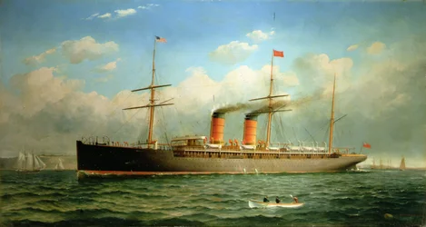 Cunard Liner R.M.S. Umbrien utanför Brooklyn Heights, vid East River, New York