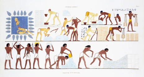 Brick-Making, från en sällsynt uppteckning av fresker från Thebe, inspelad 1819-1822 vid sitt andra besök i Egypten av Frederic Cailliaud (1787-1869), färg litho