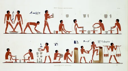 Potters at Work, från en sällsynt uppteckning av fresker från Thebe, inspelad 1819-1822 vid sitt andra besök i Egypten av Frederic Cailliaud (1787-1869), färg litho