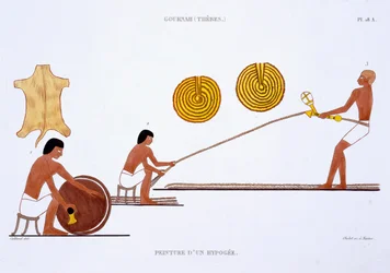 Tanner and Ropemaker, från en sällsynt uppteckning av fresker från Thebe, registrerade 1819-1822 vid sitt andra besök i Egypten av Frederic Cailliaud (1787-1869), färg litho