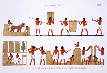 Transport, lagring och inspelning av spannmålsförråd, från en sällsynt uppteckning av fresker från Thebe, inspelad 1819-1822 vid sitt andra besök i Egypten av Frederic Caillaud (1787-1869), färg litho