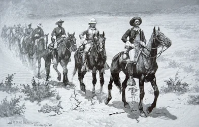 Amerikanska "buffalosoldater" som marscherar i öknen, från en teckning från 1888 (gravyr)