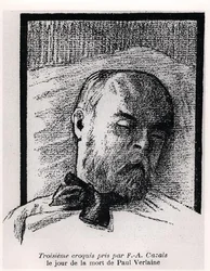 Skiss av Paul Verlaine på sin dödsbädd, från "La Plume"