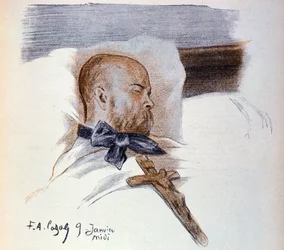 Den franske poeten Paul Verlaine (1844-1896) på sin dödsbädd (teckning)