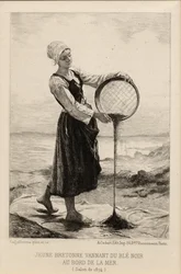 A Young Bretonne Winnowing Bowheat at the Seaside, graverad av Cadart 1874 (tryck)