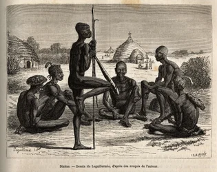 Dinkas från byn Koudj (Senegal), vars kropp täckt med aska, för att skydda dem från insekter och parasiter är också ett kosmetiskt och socialt inslag, graverat efter Laguillermies teckning, som illustrerar resan till Afrikas hjärta 1868-1871