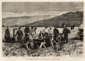 USA:s geologiska uppdrag är ungt på slätten, etsat efter teckningen av Laguillermie, som illustrerar en uppsättning geografiska uppdrag genom United States National Park, från 1870 till 1872, av herrarna Hayden, Doane och Langford, publ.