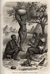 Typer och aktiviteter av kvinnliga Bongos (Centralsudan), med sin metallprydnad, klockor och häftklamrar som de sätter på sina öron och läppar, graverade efter teckningen av Laguillermie, som illustrerar resan till Afrikas hjärta 1868-1871, av Dr. Geor