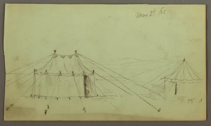 Ritning, Ett dekorerat ovalt tält och ett runt tält fäst med rep, 2 mars 1868