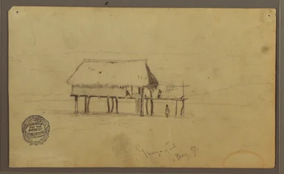 Teckning, En hydda på posteringar, Guayaquil, Ecuador, maj 1857