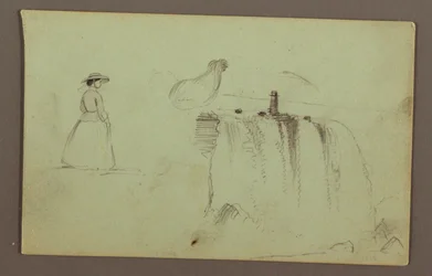 Teckning, En gående flicka, en hukande kyckling och de amerikanska vattenfallen vid Niagarafloden, möjligen 1856