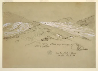 Teckning, Aletschglaciären, Berner Alperna, Schweiz, 28 augusti 1868