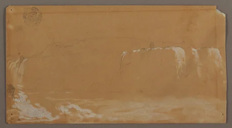 Teckning, American Falls, Goat Island och en del av Horseshoe Falls, sett från den kanadensiska stranden av Niagarafloden, möjligen 1858