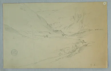 Teckning, Andinsk bergsdal med slingrande bäck, Colombia eller Ecuador, 1857