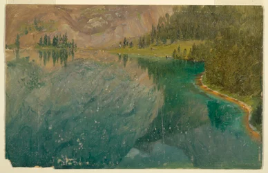Teckning, Apline Lake, Bayern eller Schweiz, 1868