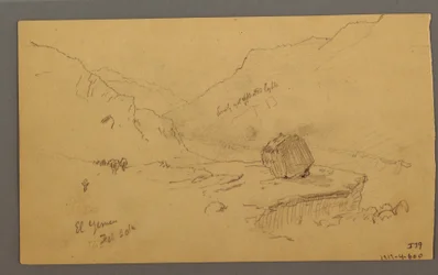 Teckning, vik med hus och berg i bakgrunden, januari 1868