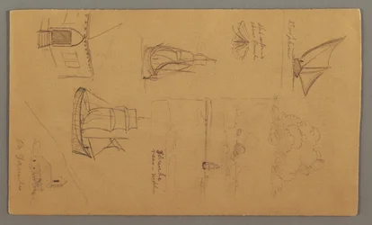 Teckning, Båtstudier, Molnstudie, Två byggnader, möjligen 1868