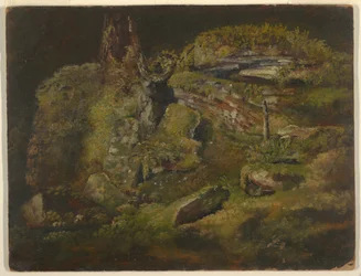 Teckning, stenblock i skogen, ca 1845