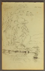 Teckning, pojke knäböjande vid ett träd, 1844