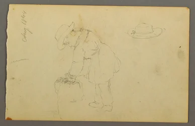 Teckning, Pojke lutar sig mot säck, hatt, 1844
