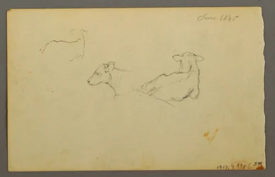 Teckning, Pojke lutar sig mot säck, hatt, 1844