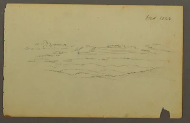 Teckning, brett böljande landskap med moln, 1844