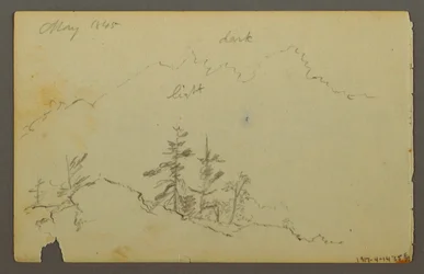 Teckning, brett böljande landskap med moln, 1844