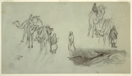 Teckning, Kameler och ryttare; Sailbo, 1868