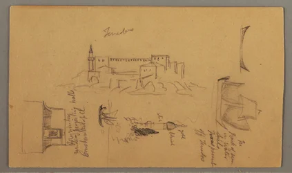 Ritning, Slott, Minaret, Segelbåtar, Hus, maj 1868