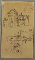 Ritning, kyrka, byggnad, täckt bro, möjligen 1868-69