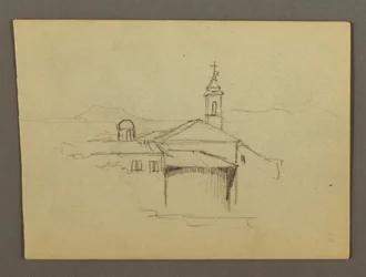 Ritning, Kyrkans torn med angränsande byggnader, möjligen 1868-69