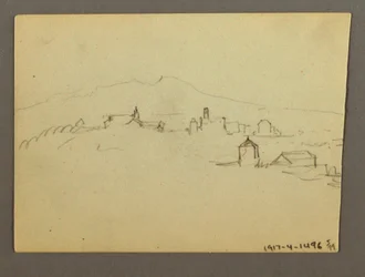 Ritning, Kyrkans torn med angränsande byggnader, möjligen 1868-69