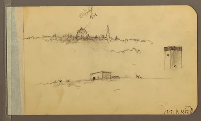 Teckning, Kyrka, torn, hus; Verso: Bergskedja, 1889