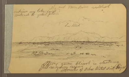 Teckning, Kyrka, torn, hus; Verso: Bergskedja, 1889