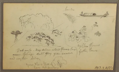 Teckning, Kyrka, torn; Averso: Figurer i kanot, Botaniska skisser, 1857