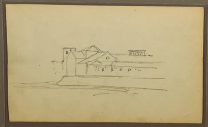 Teckning, Kyrka, torn; Averso: Figurer i kanot, Botaniska skisser, 1857