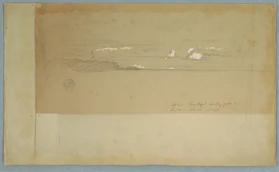 Teckning, Molnig himmel över kuperad och skogsklädd terräng, möjligen 1857