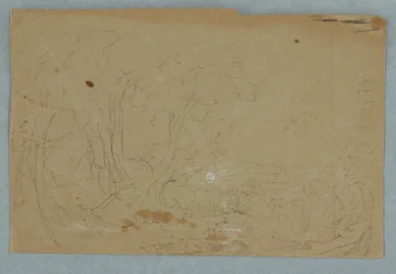 Teckning, Molnig himmel över kuperat landskap; Averso: Fullmånen speglar sig i en bäck, 1845-50