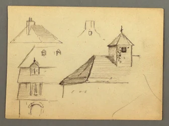 Ritning, hörn av herrgård, hustak, möjligen 1868