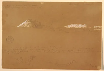 Teckning, Cotapaxi, morgon, från soltemplet, Quito, Ecuador, 24 juni 1857