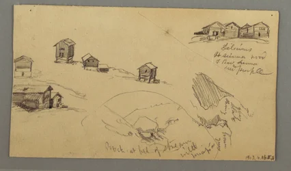 Teckning, detaljer av bergsskjul, hus och en klippa, Berner Alperna, Schweiz, 3 september 1868