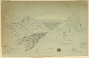 Teckning, Fjärran vy över Damaskus, Syrien, 2 maj 1868