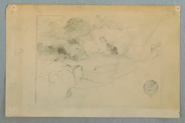Teckning, Fjärran vy av Sangay-vulkanen i utbrott, Ecuador, 1857-62