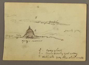 Teckning, fjärrvy av Peterskyrkans kupol, Rom, Italien, januari 1869