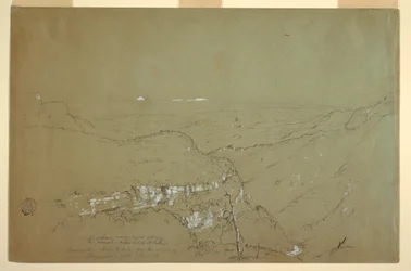 Teckning, Fjärran vy över vulkanerna Tolima och Ruiz från närheten av Tequendama Falls, Colombia, juni 1853