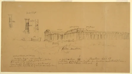 Ritning, Doriska grekiska tempel för Athena (tidigare Ceres), Hera II (tidigare Neptunus) och Hera I (tidigare Basilika), Paestum, Salerno, Italien, april 1869
